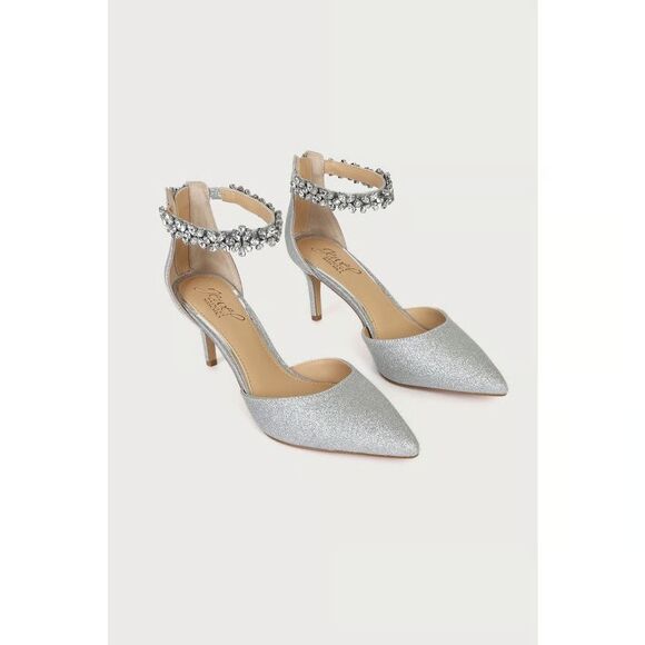 Badgley Mischka Raleigh Silver Glitter Rhinestone Kitten D'Orsay Pumps Size 9.5W - Picture 1 of 10
